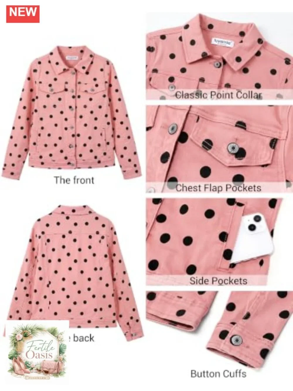 Women's Polka Dot Stretch Denim Jacket with Pockets